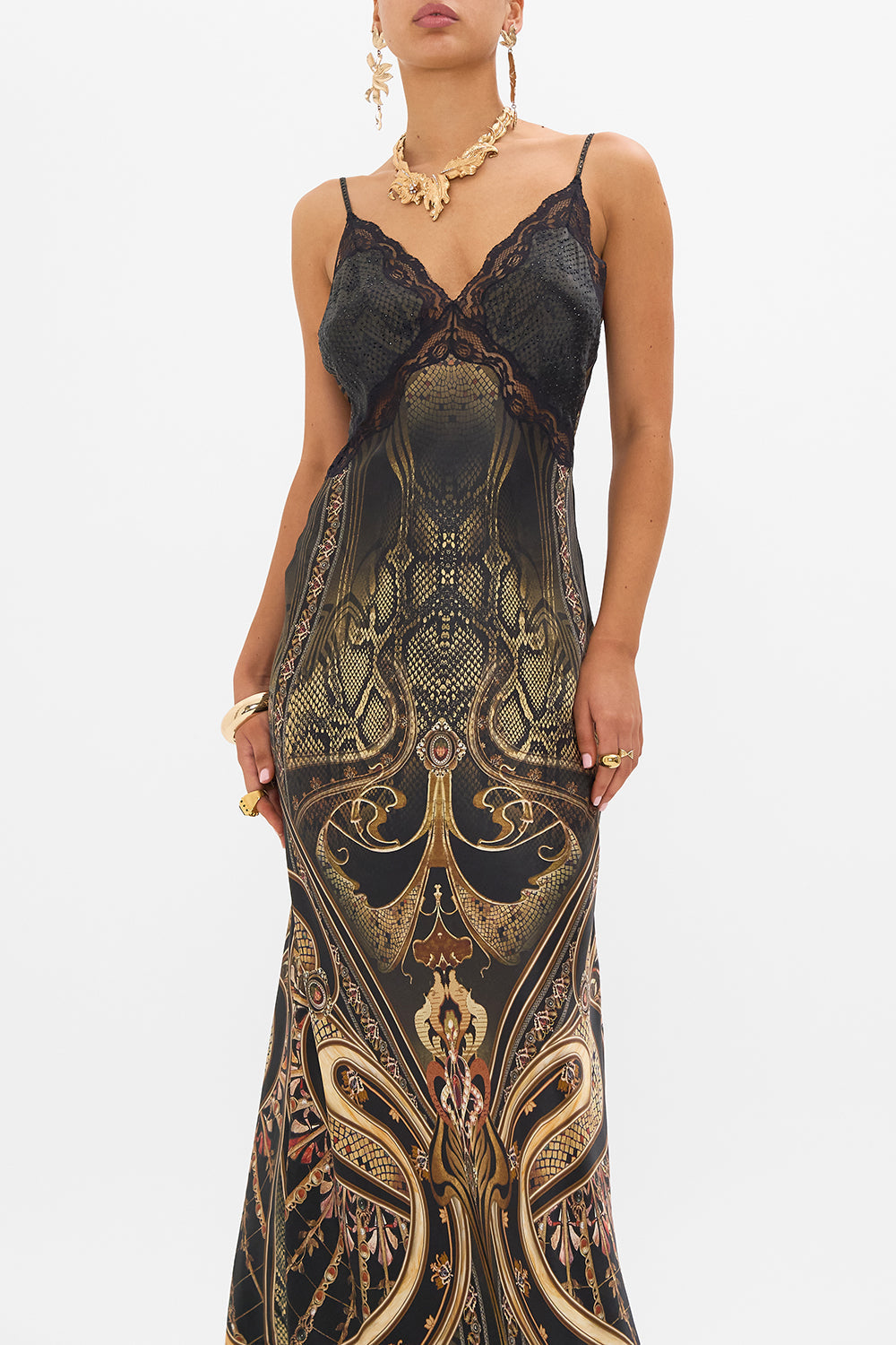 CAMILLA silk slip dress in Nouveau Noir print