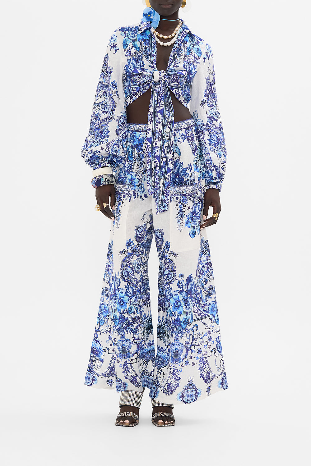 Front view of model wearing CAMILLA cropped wrap shirt in Glaze and Graze print