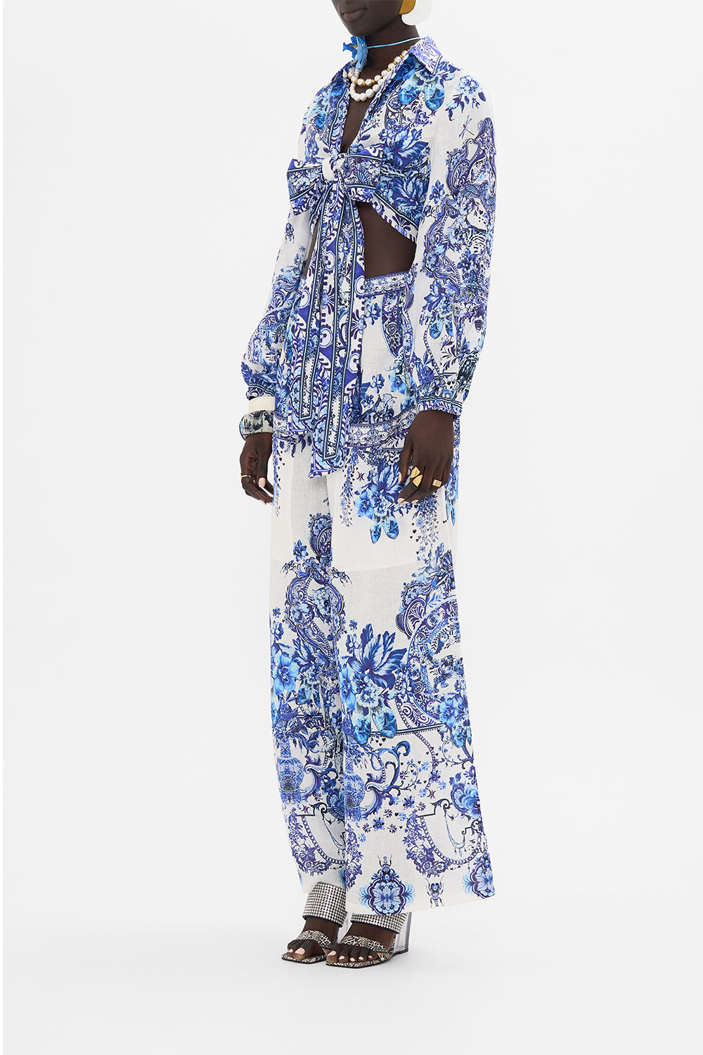 Side view of model wearing CAMILLA cropped wrap shirt in Glaze and Graze print