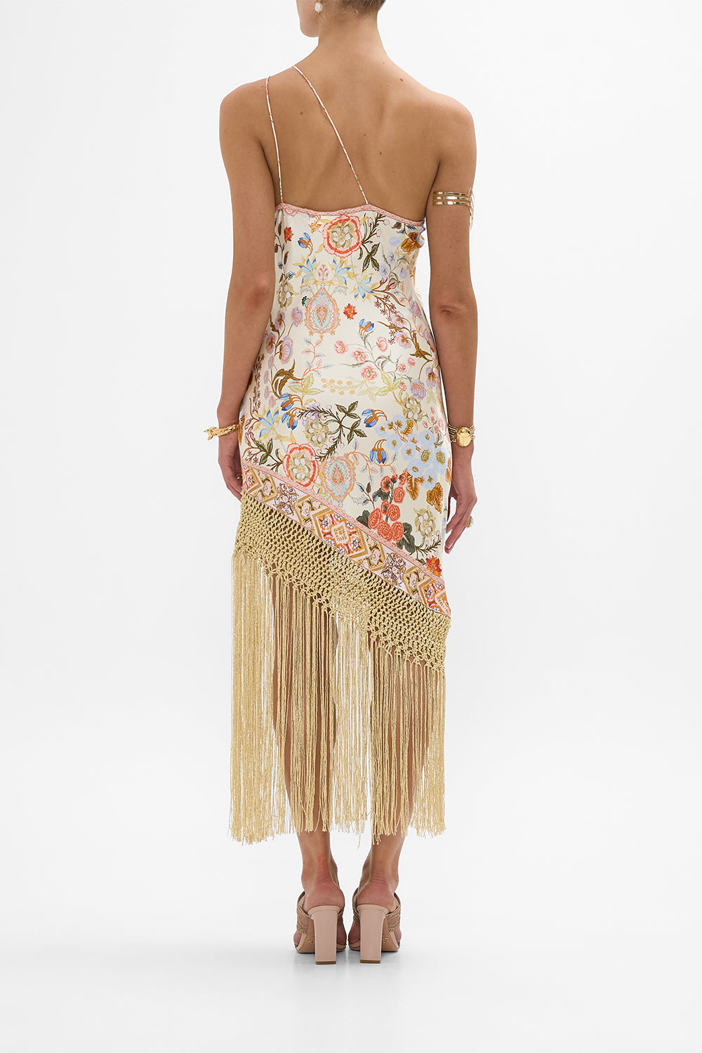 CAMILLA One Shoulder Dress with Fringe Hem in Honour of Heirlooms print