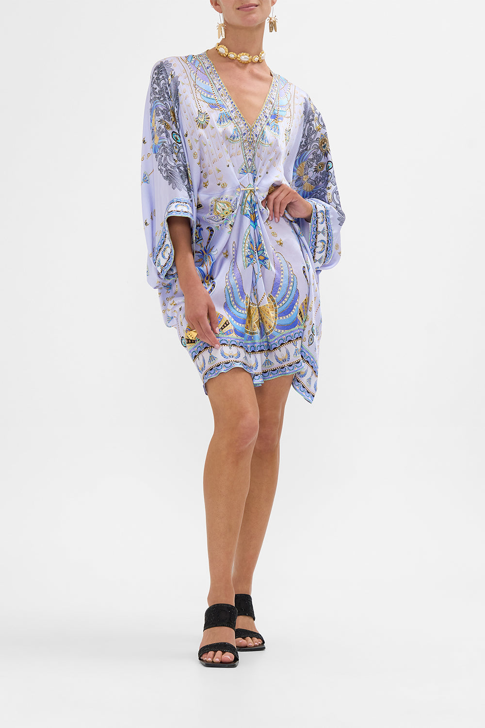 CAMILLA Lilac Pierced V-Neck Short Kaftan in Under Scarab Skies print
