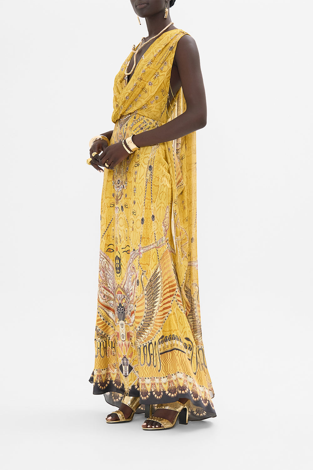 CAMILLA Gold Sleeveless Draped T-Back Long Dress in Valley of the Kings Print
