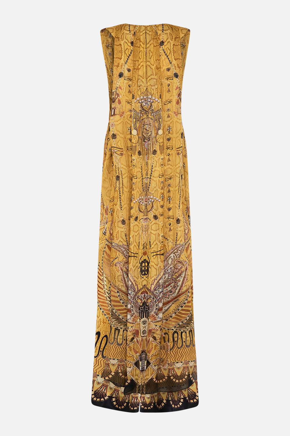 CAMILLA Gold Sleeveless Draped T-Back Long Dress in Valley of the Kings Print