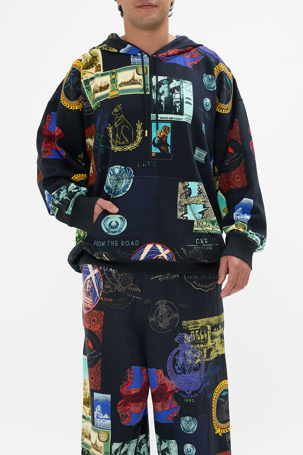 Hotel Franks By CAMILLA black oversized relaxed fit hoodie in Landmarks and Love Letters print