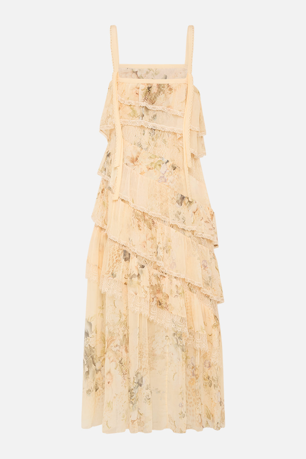 CAMILLA floral asymmetric spliced lace dress in Adorned in Antquity print.