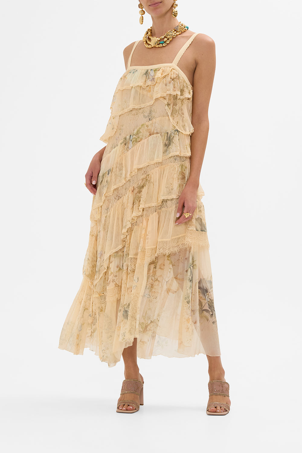 CAMILLA floral asymmetric spliced lace dress in Adorned in Antquity print.