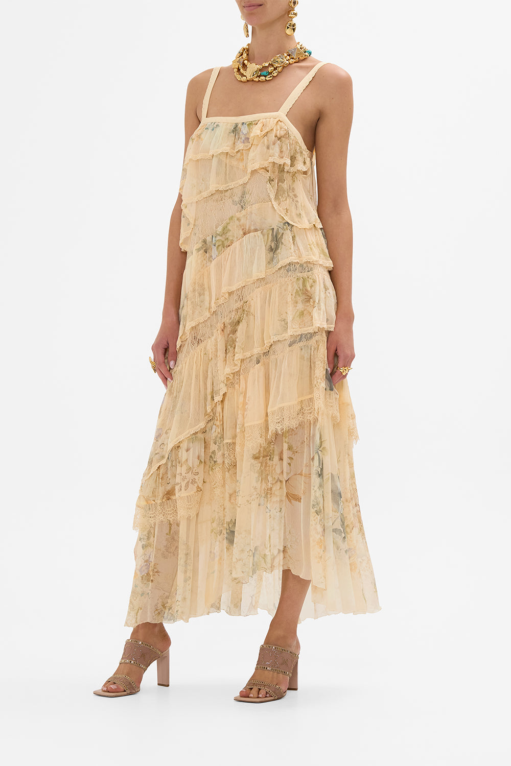 CAMILLA floral asymmetric spliced lace dress in Adorned in Antquity print.