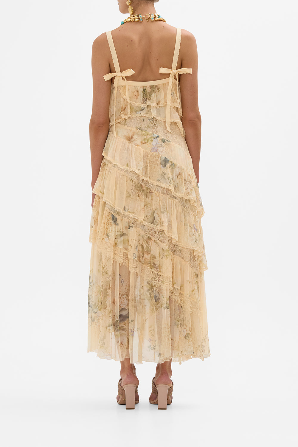 CAMILLA floral asymmetric spliced lace dress in Adorned in Antquity print.