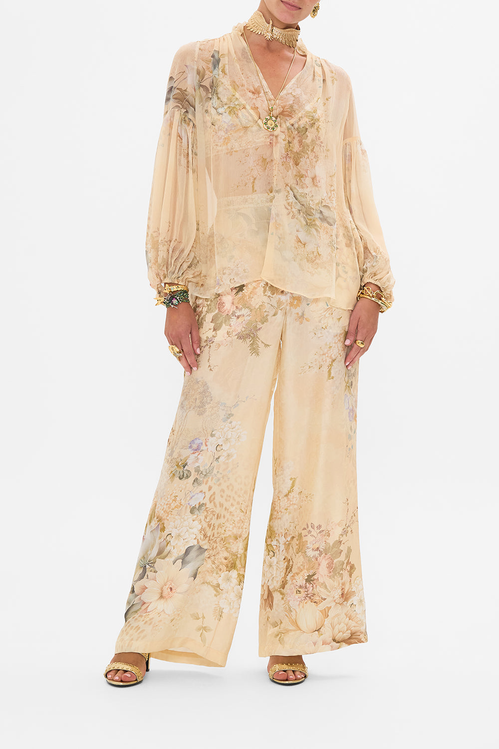 CAMILLA floral frill collared blouse in Adorned in Antiquity print.