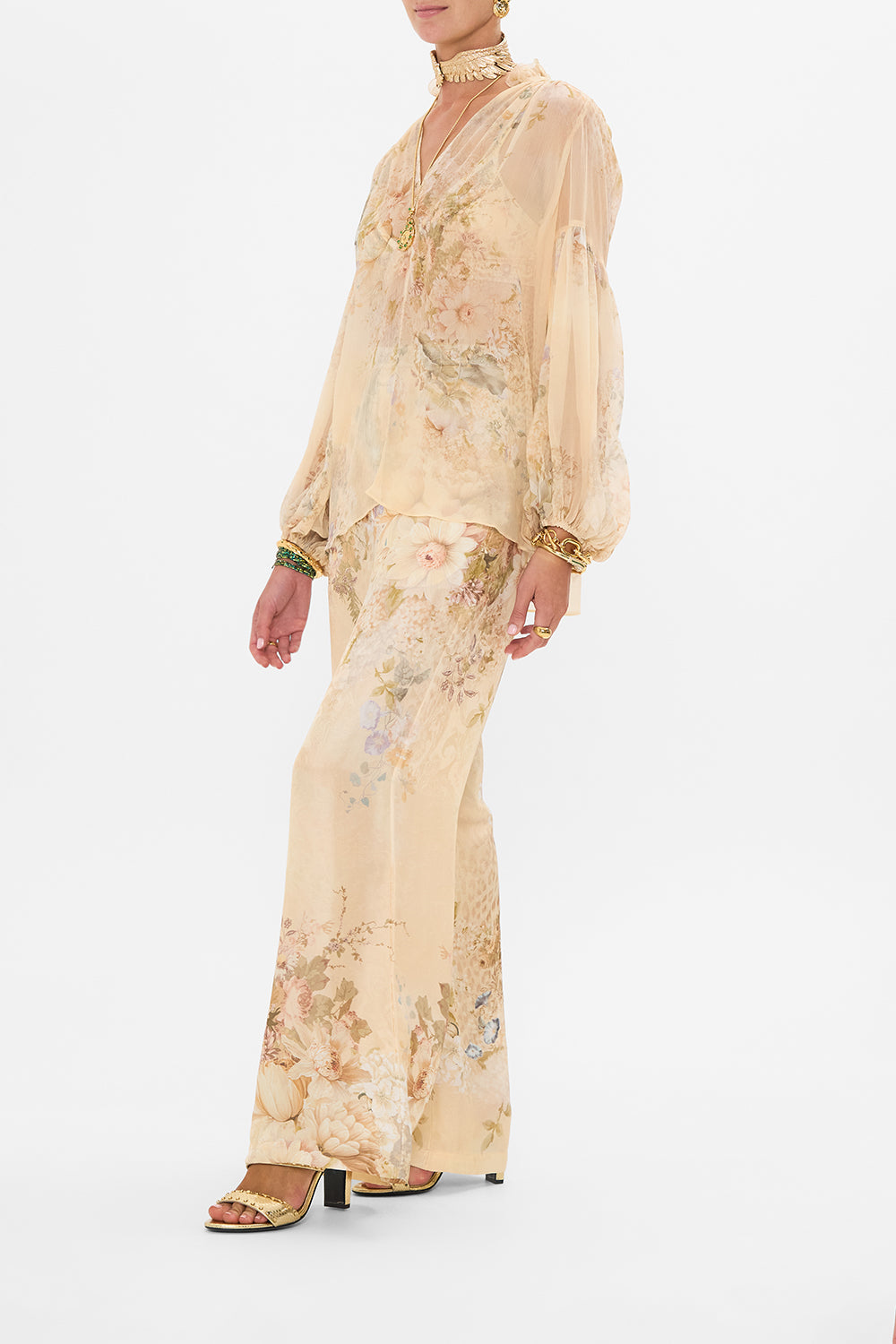 CAMILLA floral frill collared blouse in Adorned in Antiquity print.