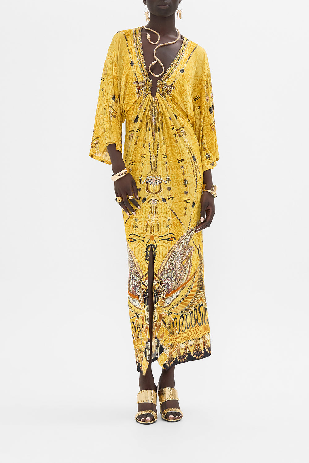 CAMILLA Gold Draped Jersey Dress with Hardware in Valley of the Kings Print