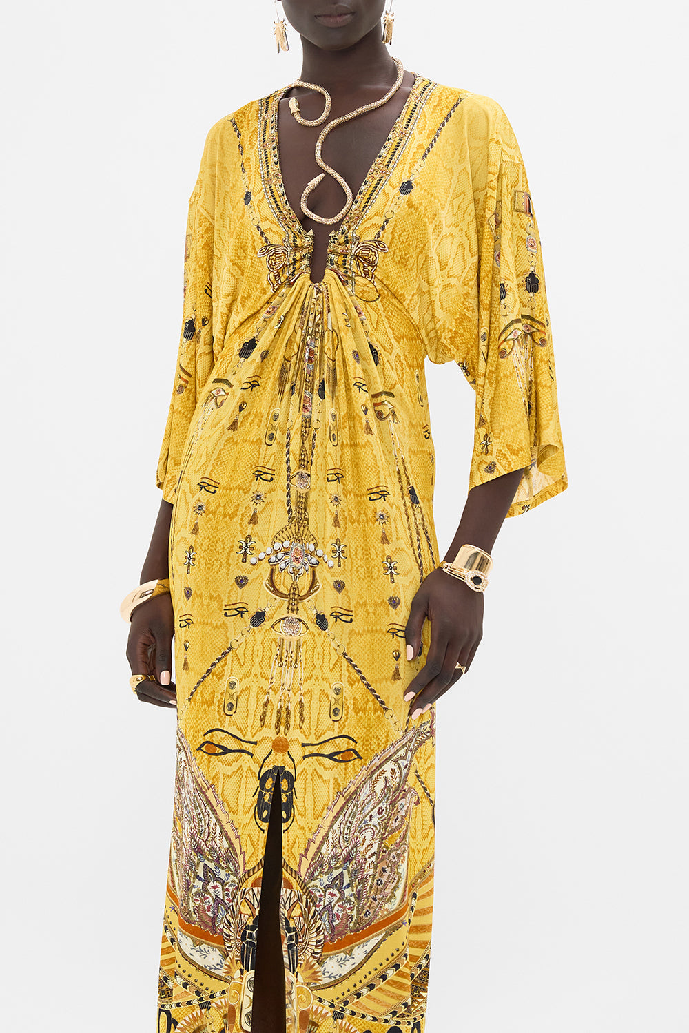 CAMILLA Gold Draped Jersey Dress with Hardware in Valley of the Kings Print