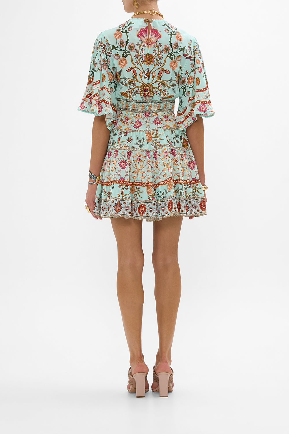 CAMILLA Tiered Skirt Mini Dress in Weaving Worlds print