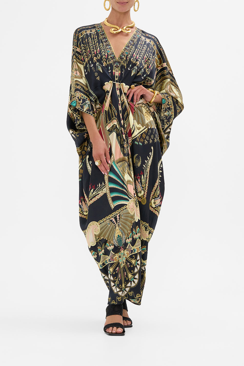 CAMILLA Black/Gold Pierced V-Neck Kaftan in They Called Her Nefertari print