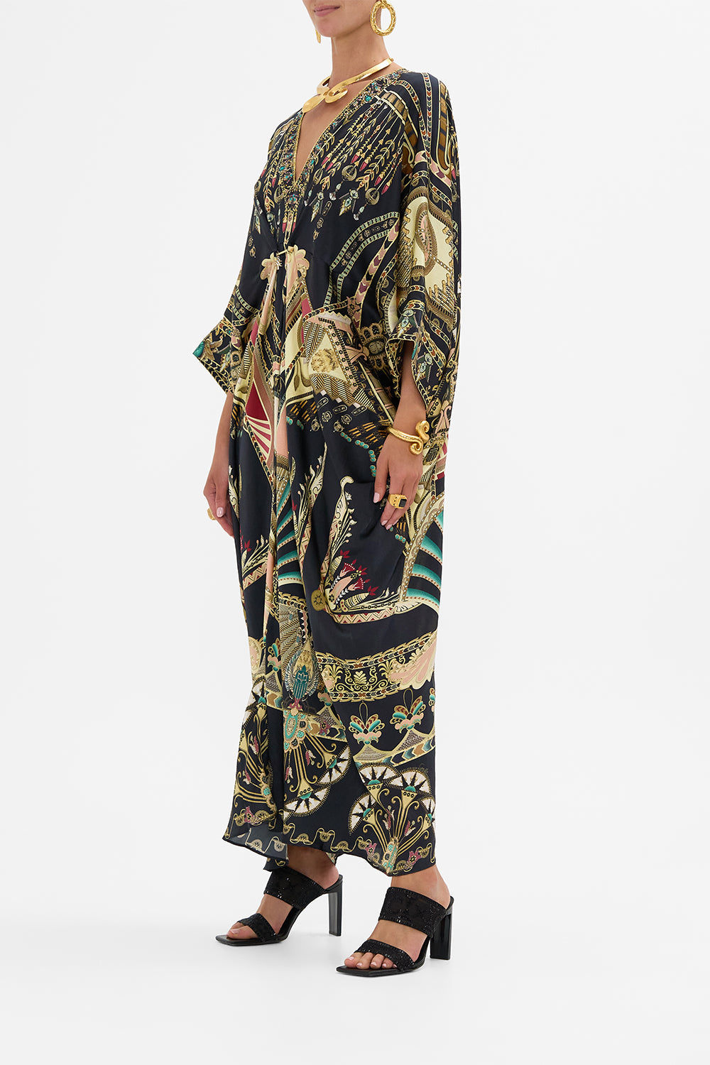 CAMILLA Black/Gold Pierced V-Neck Kaftan in They Called Her Nefertari print