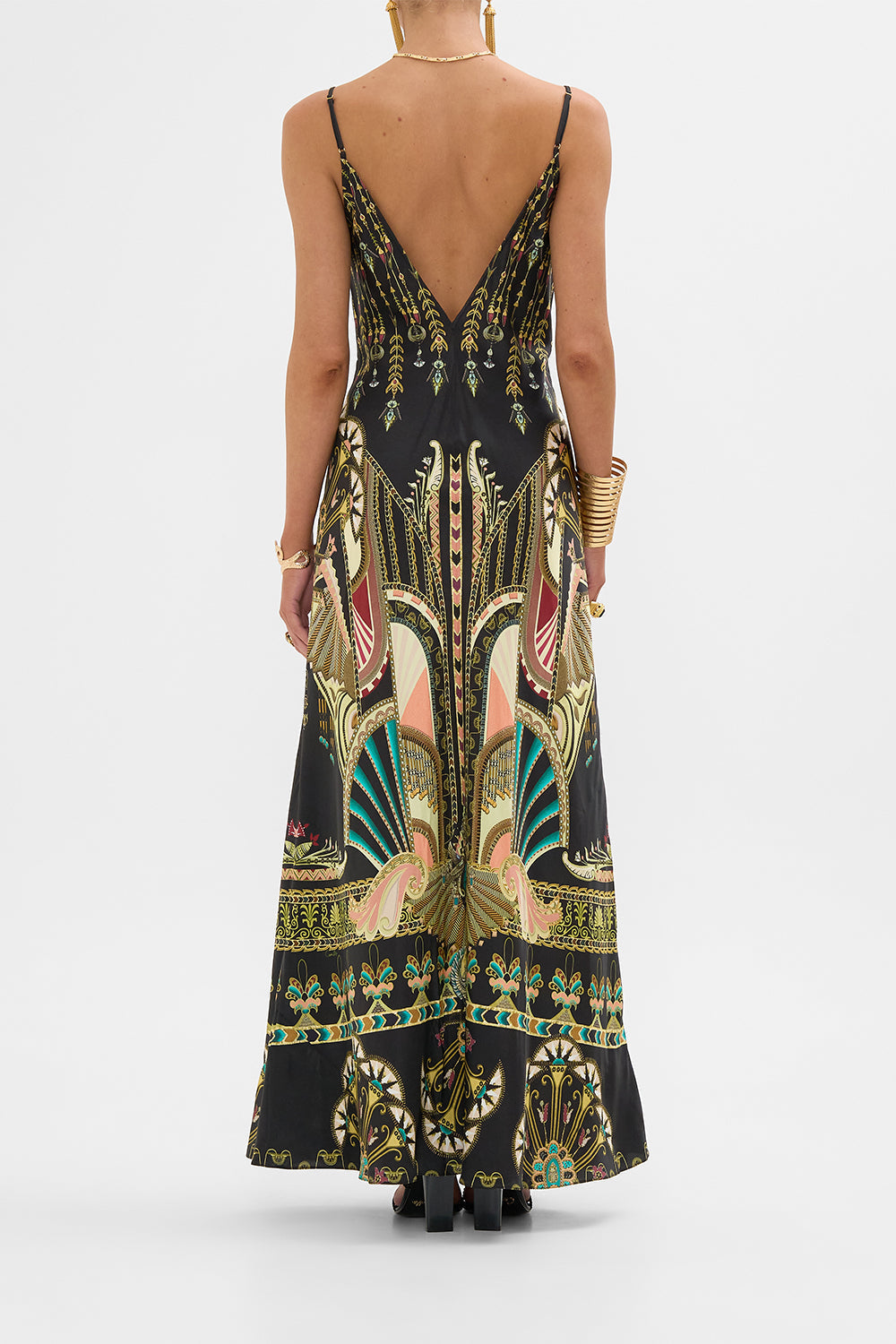 CAMILLA V-Neck Black/Gold Full Length Bias Slip Dress in They Called Her Nefertari print