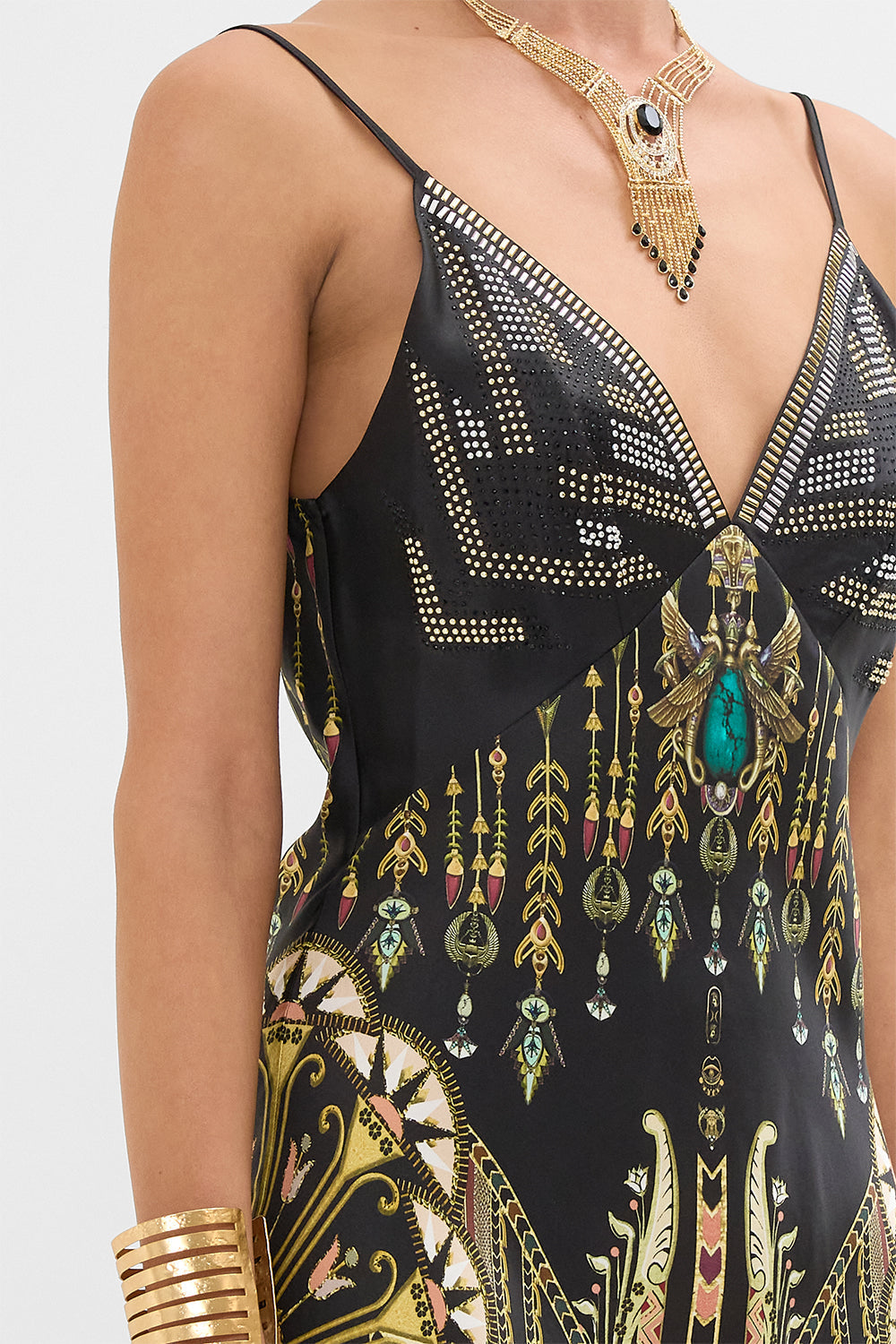 CAMILLA V-Neck Black/Gold Full Length Bias Slip Dress in They Called Her Nefertari print