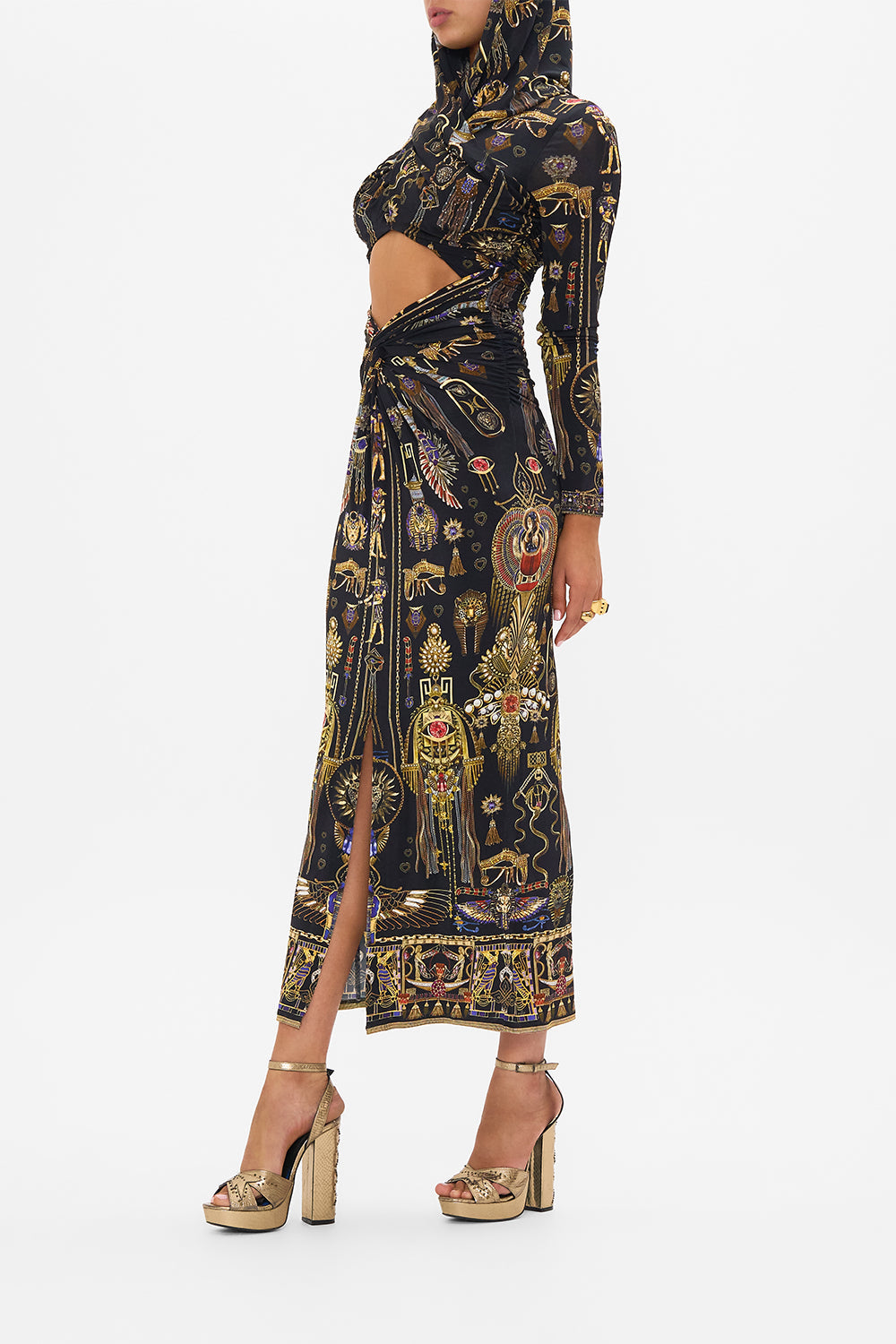 CAMILLA Twist Front Jersey Hooded Dress in Cartouche Kingdom print.