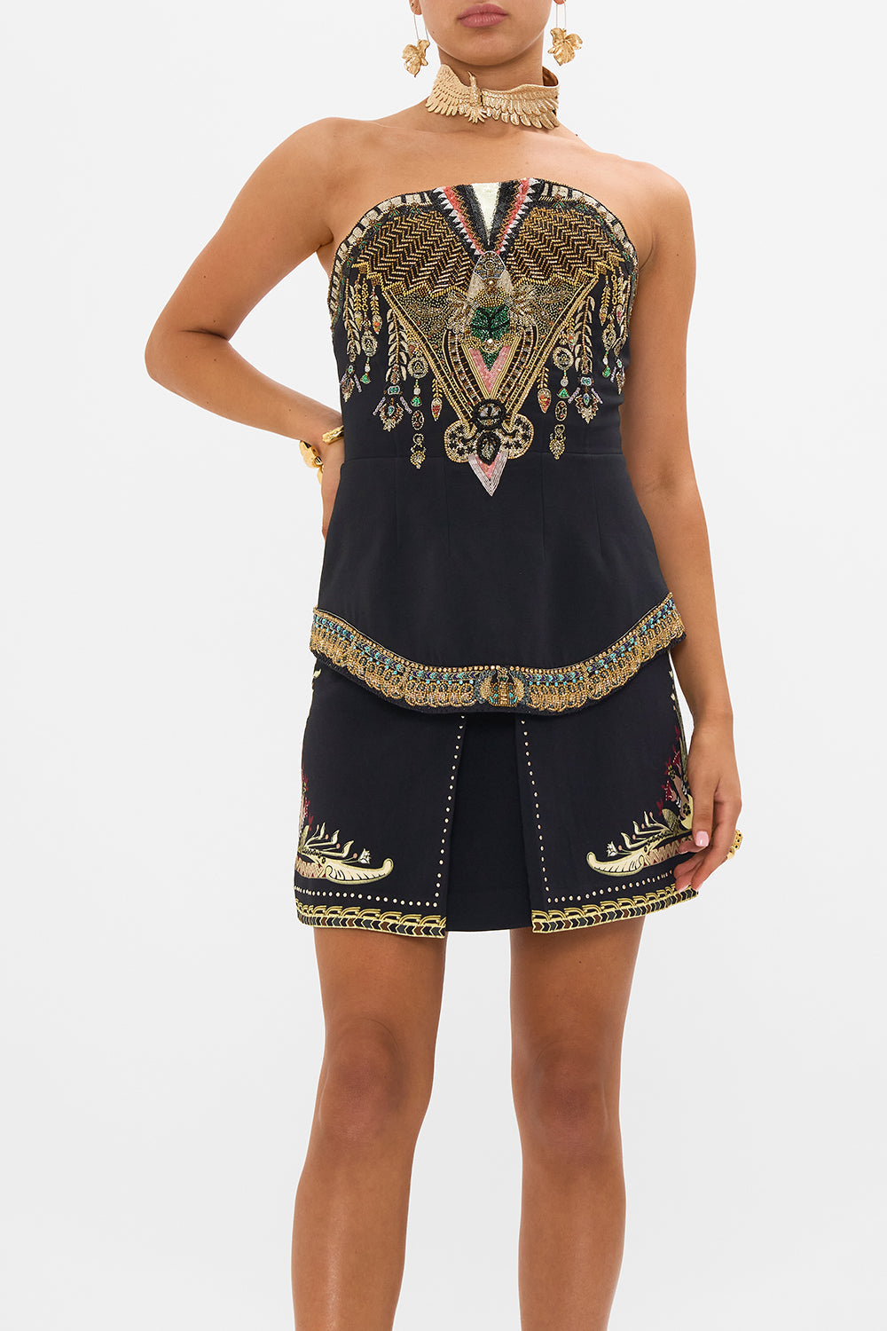CAMILLA Black/Gold Heavily Embellished Curved Hem Detail Corset in They Called Her Nefertari print
