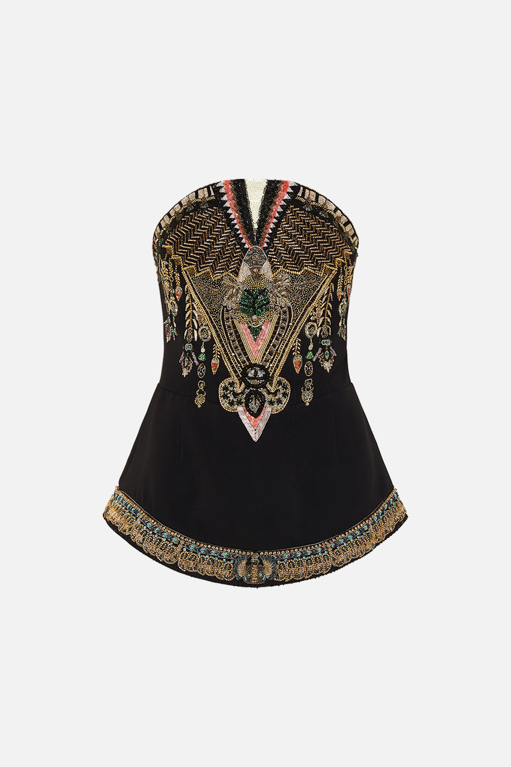 CAMILLA Black/Gold Heavily Embellished Curved Hem Detail Corset in They Called Her Nefertari print