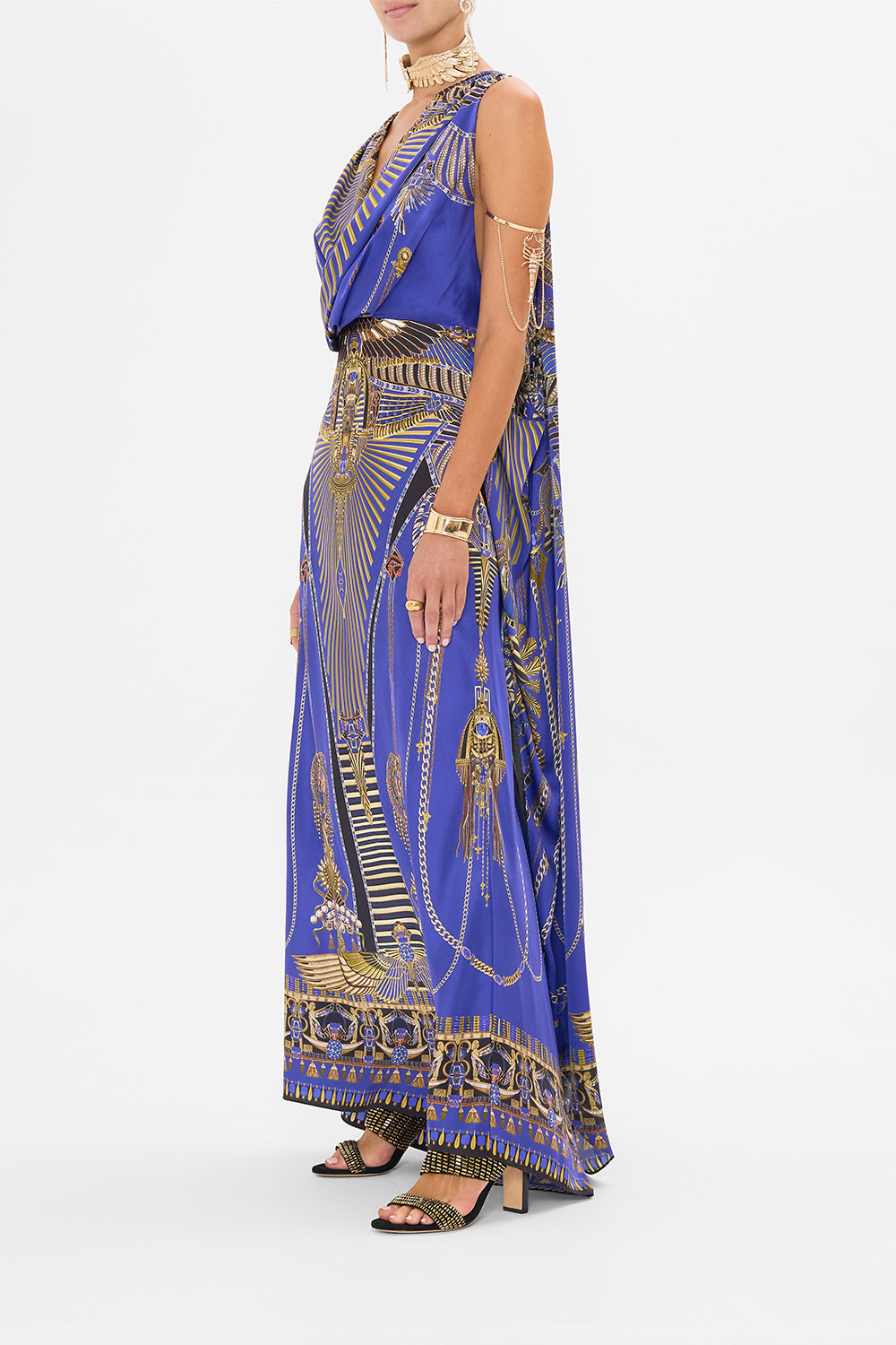 CAMILLA Sleeveless Draped T Back Long Dress in My Fair Pharaoh print.