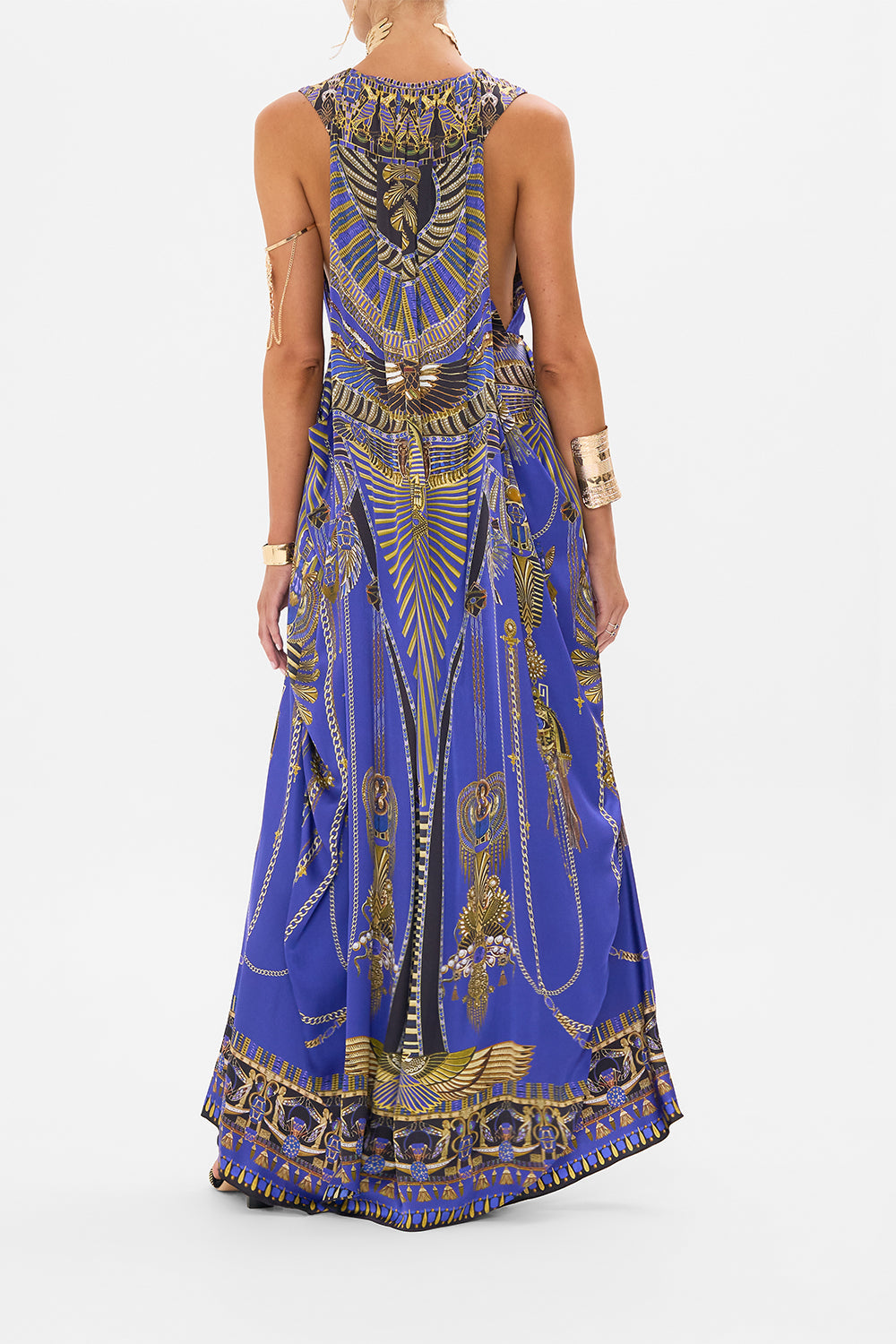 CAMILLA Sleeveless Draped T Back Long Dress in My Fair Pharaoh print.