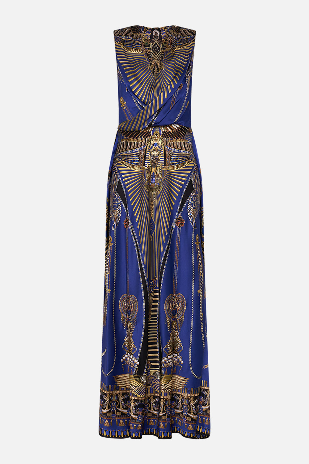 CAMILLA Sleeveless Draped T Back Long Dress in My Fair Pharaoh print.