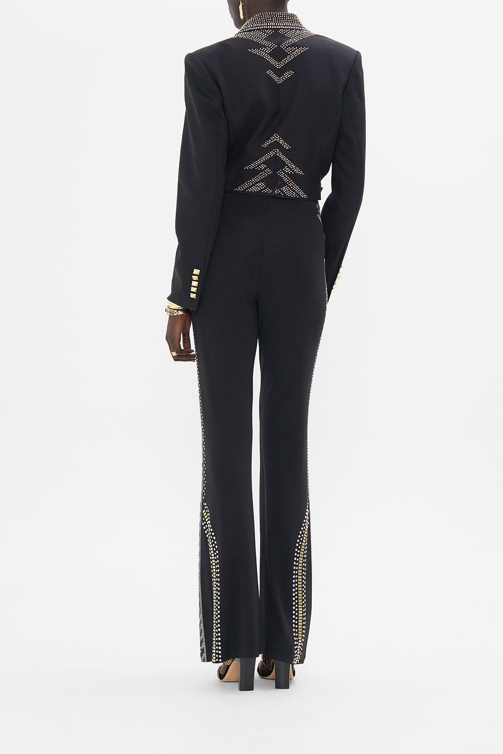 CAMILLA Black/Gold Cropped Jacket with Cutout and Buckle Detail in They Called Her Nefertari print