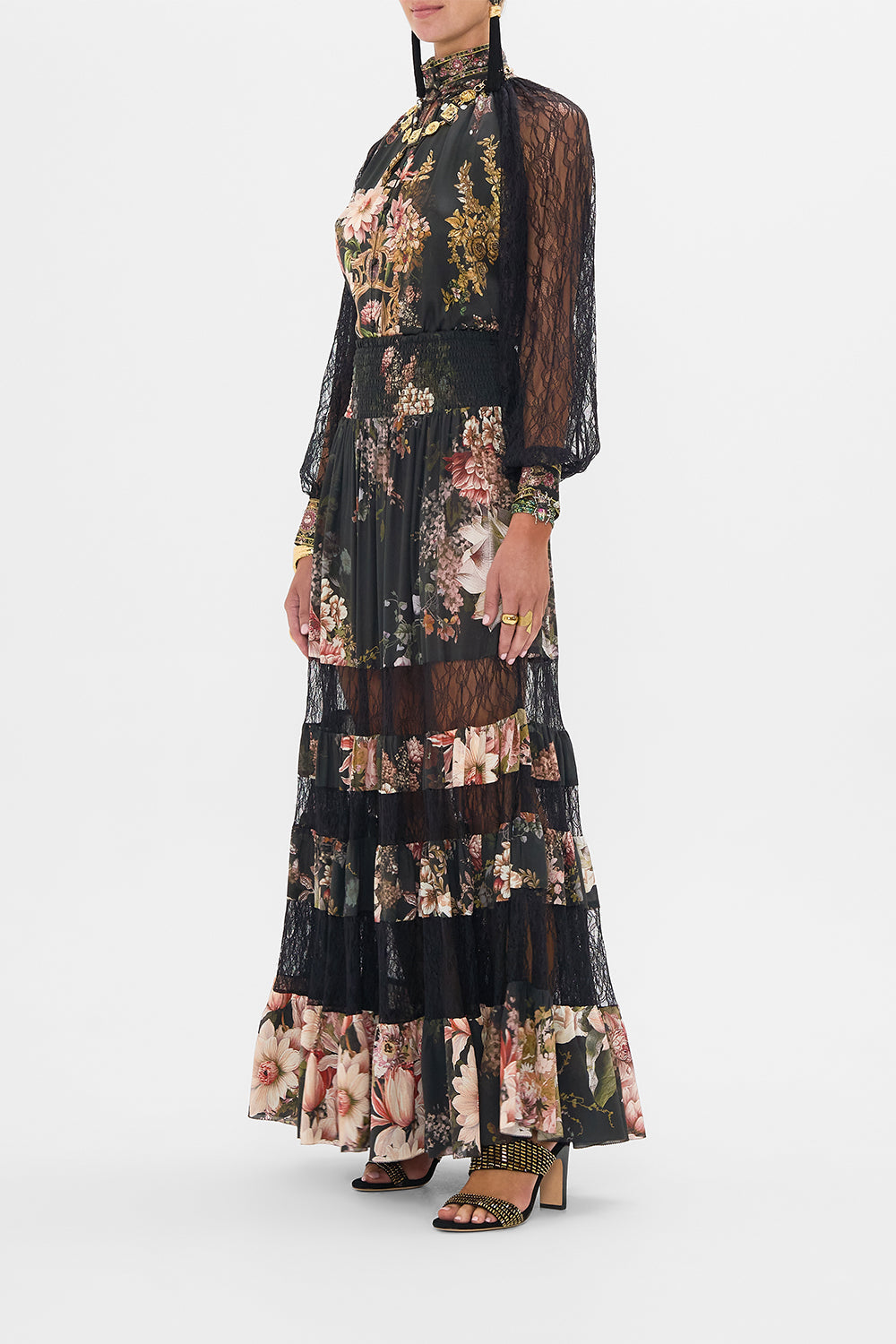 CAMILLA raglan button up shirt with lace at sleeve in Dynasty Daze print.