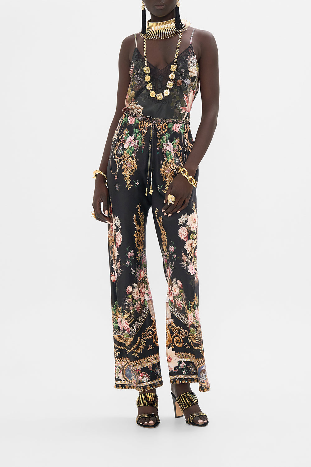 CAMILLA v neck bias cami with lace and embroidery in Dyansty Daze print.