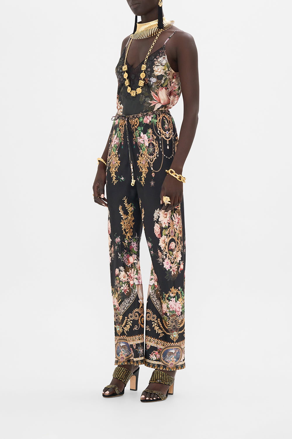 CAMILLA v neck bias cami with lace and embroidery in Dyansty Daze print.