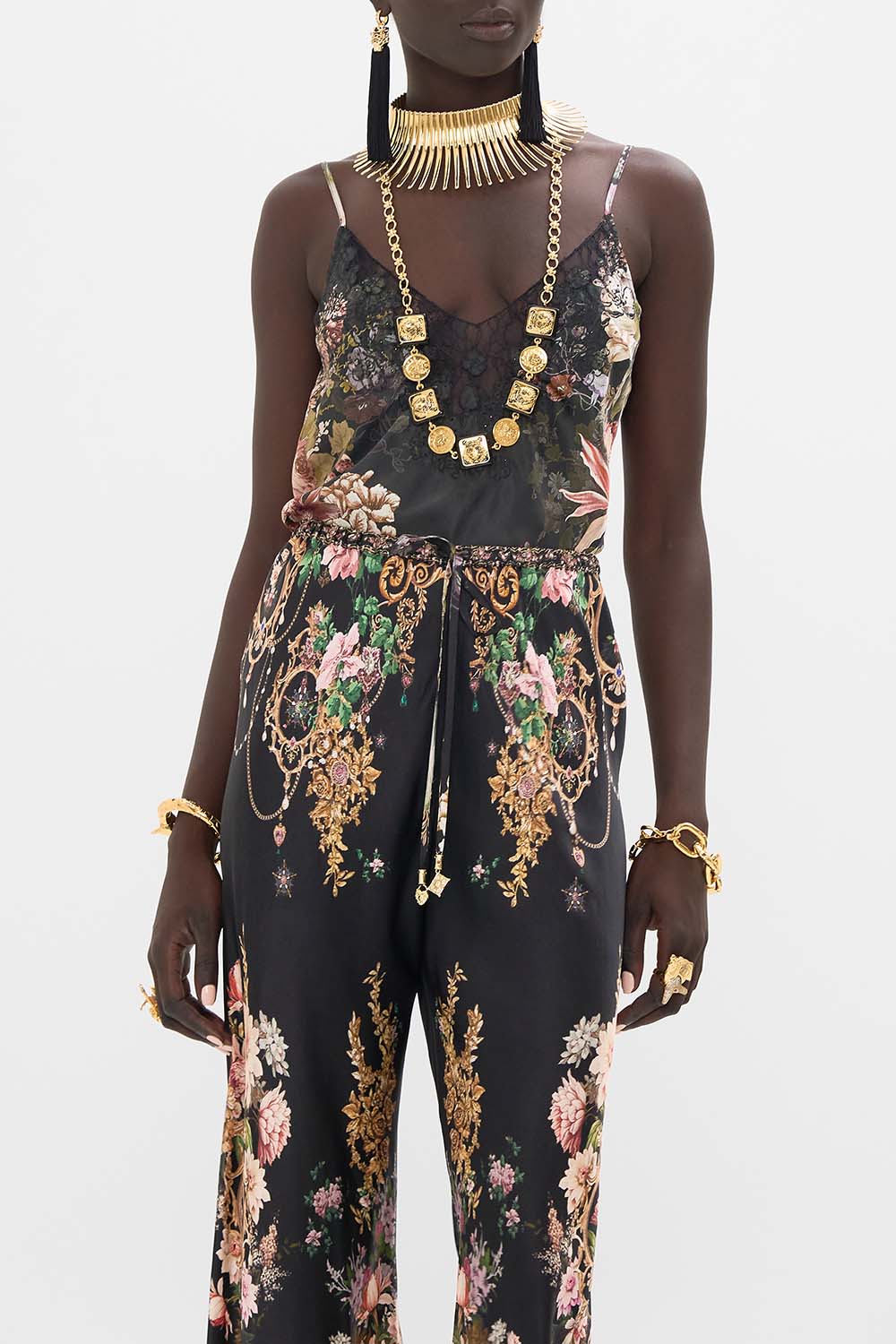 CAMILLA v neck bias cami with lace and embroidery in Dyansty Daze print.