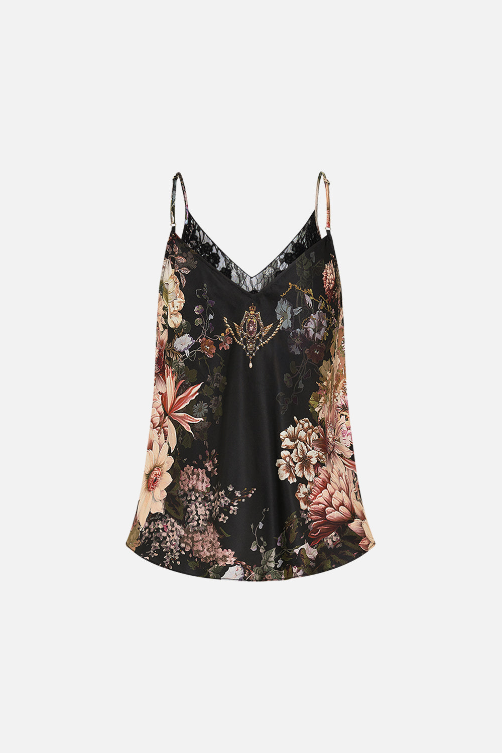 CAMILLA v neck bias cami with lace and embroidery in Dyansty Daze print.