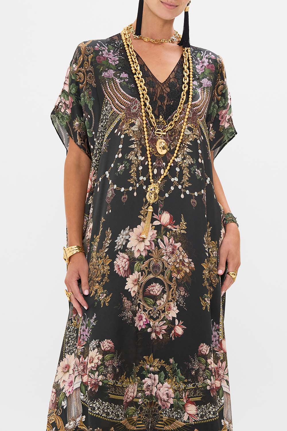 CAMILLA slim fit kaftan with lace and embroidery in Dynasty Daze print.