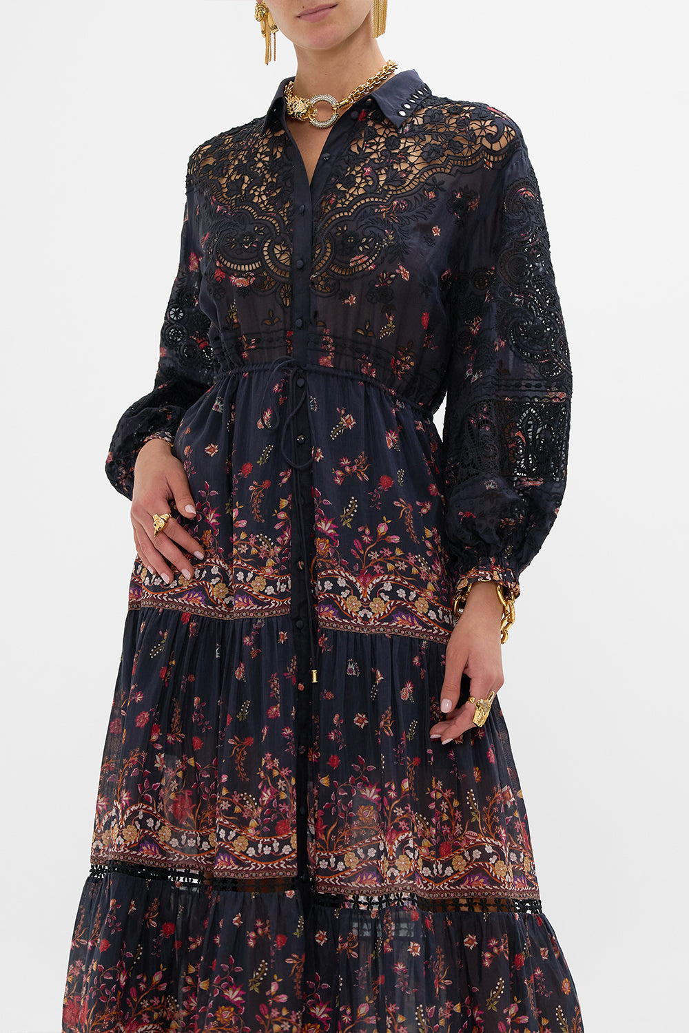 CAMILLA Embroidered Tiered Long Shirt Dress Loom to Tomb print