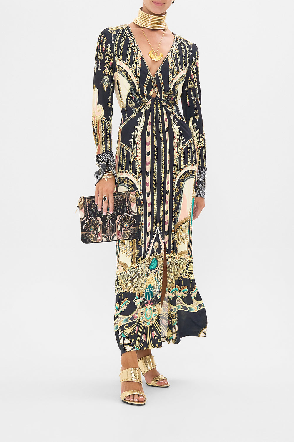 CAMILLA Long V-Neck Twist Front Jersey Dress in They Called Her Nefertari print