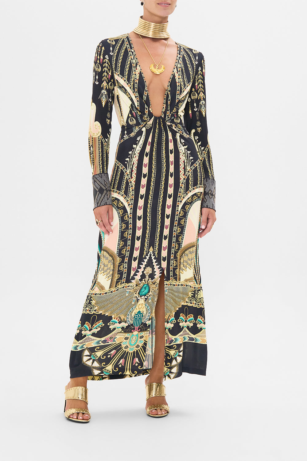 CAMILLA Long V-Neck Twist Front Jersey Dress in They Called Her Nefertari print