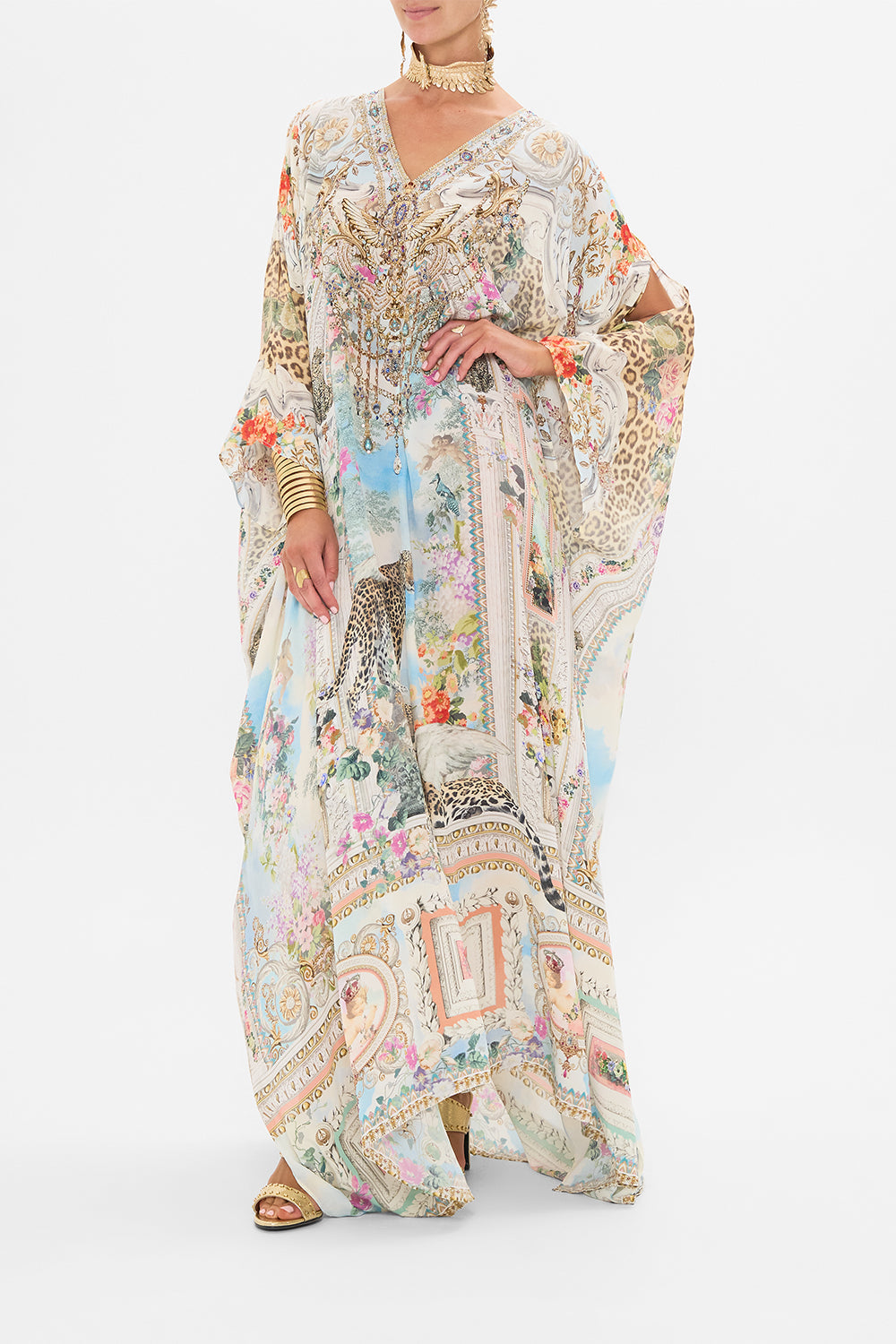 CAMILLA Floral Split Front and Sleeve Kaftan in We Always Have Alexandria Print.