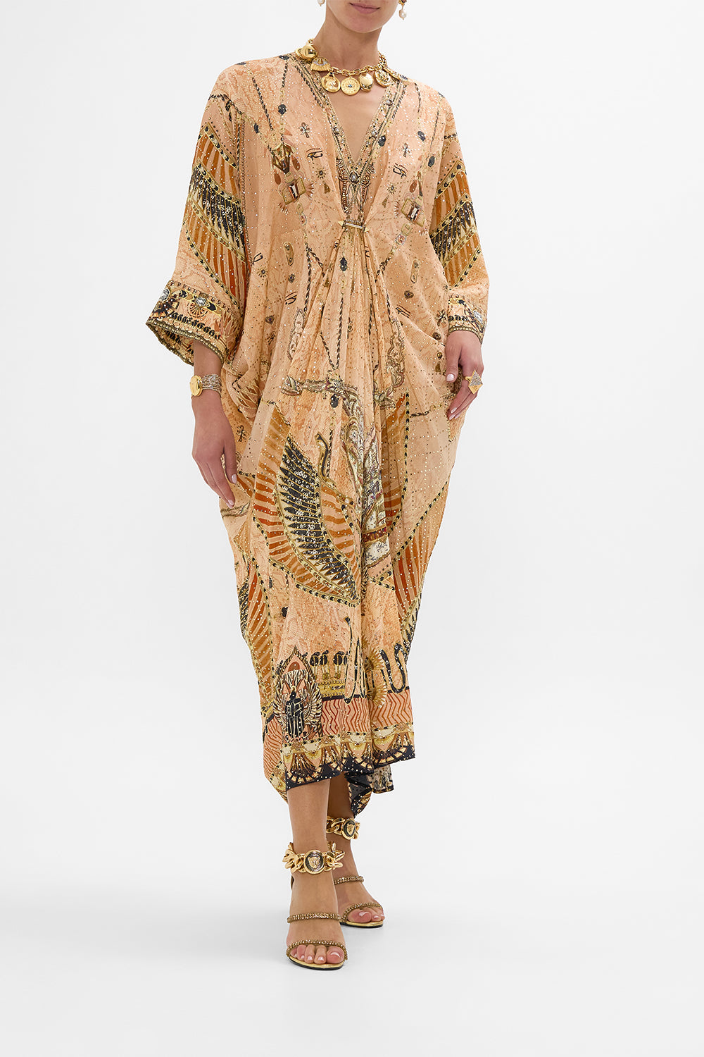 CAMILLA Gold Pierced V-Neck Embellished Kaftan in Kingdom of Hieroglyphs Print