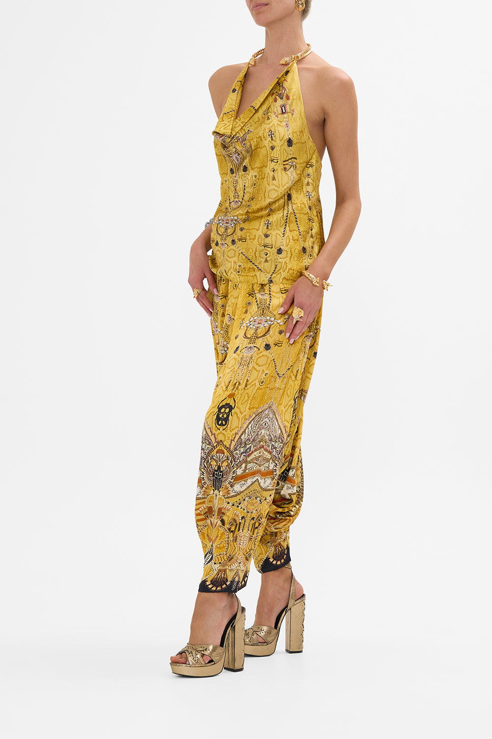 CAMILLA Gold Draped Top with Hardware in Valley of the Kings Print