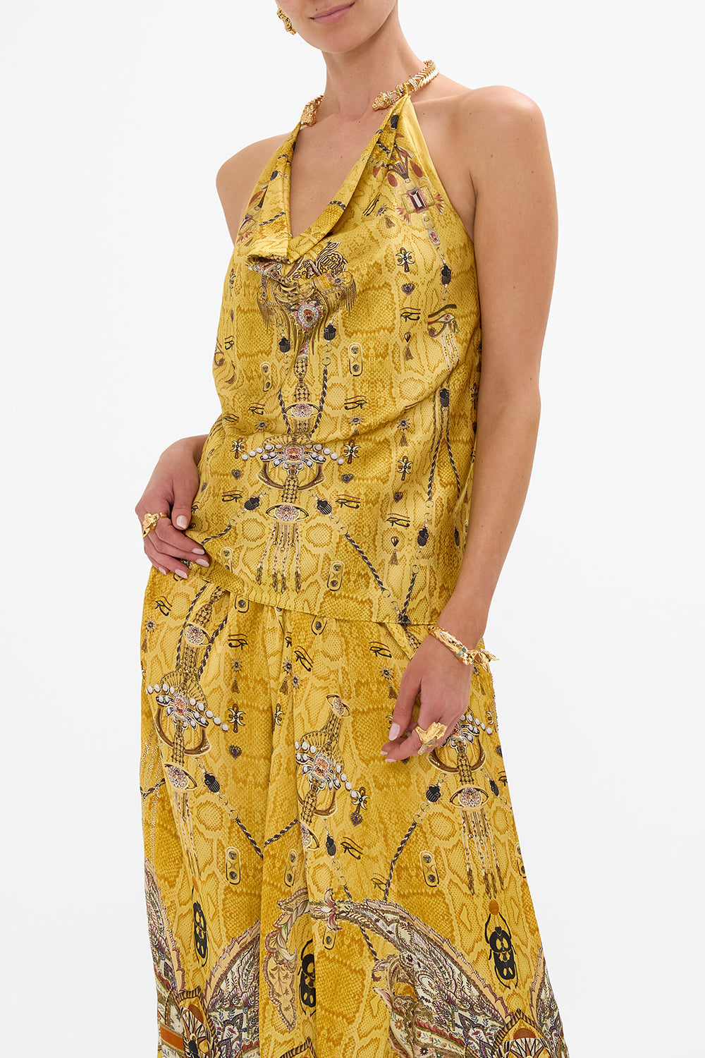 CAMILLA Gold Draped Top with Hardware in Valley of the Kings Print