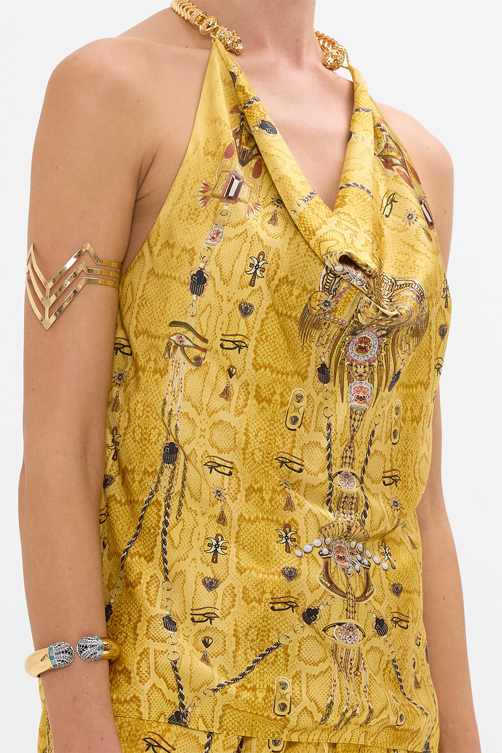 CAMILLA Gold Draped Top with Hardware in Valley of the Kings Print