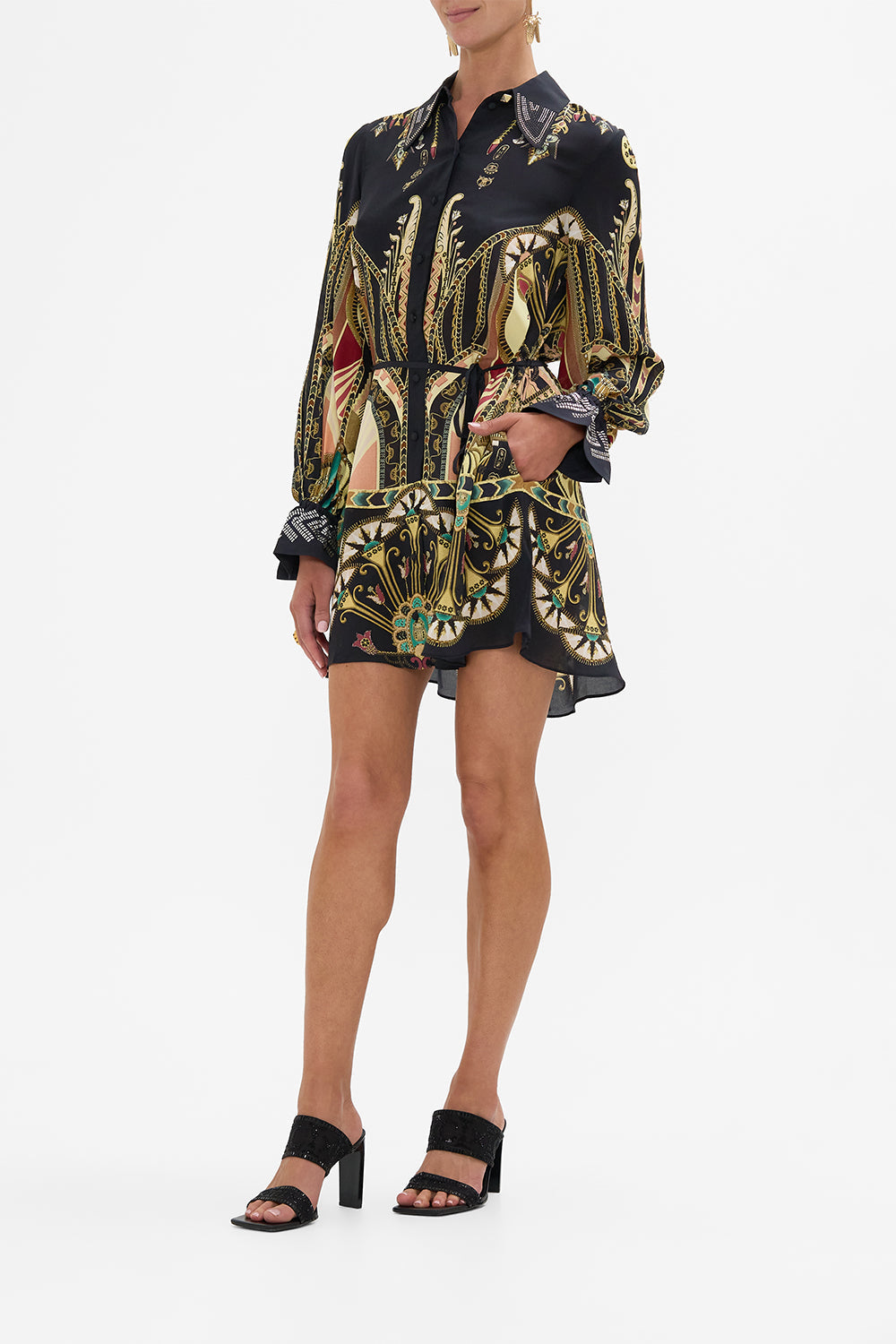 CAMILLA Black/Gold Shift Shirt Dress with Glomesh Cuff in They Called Her Nefertari print
