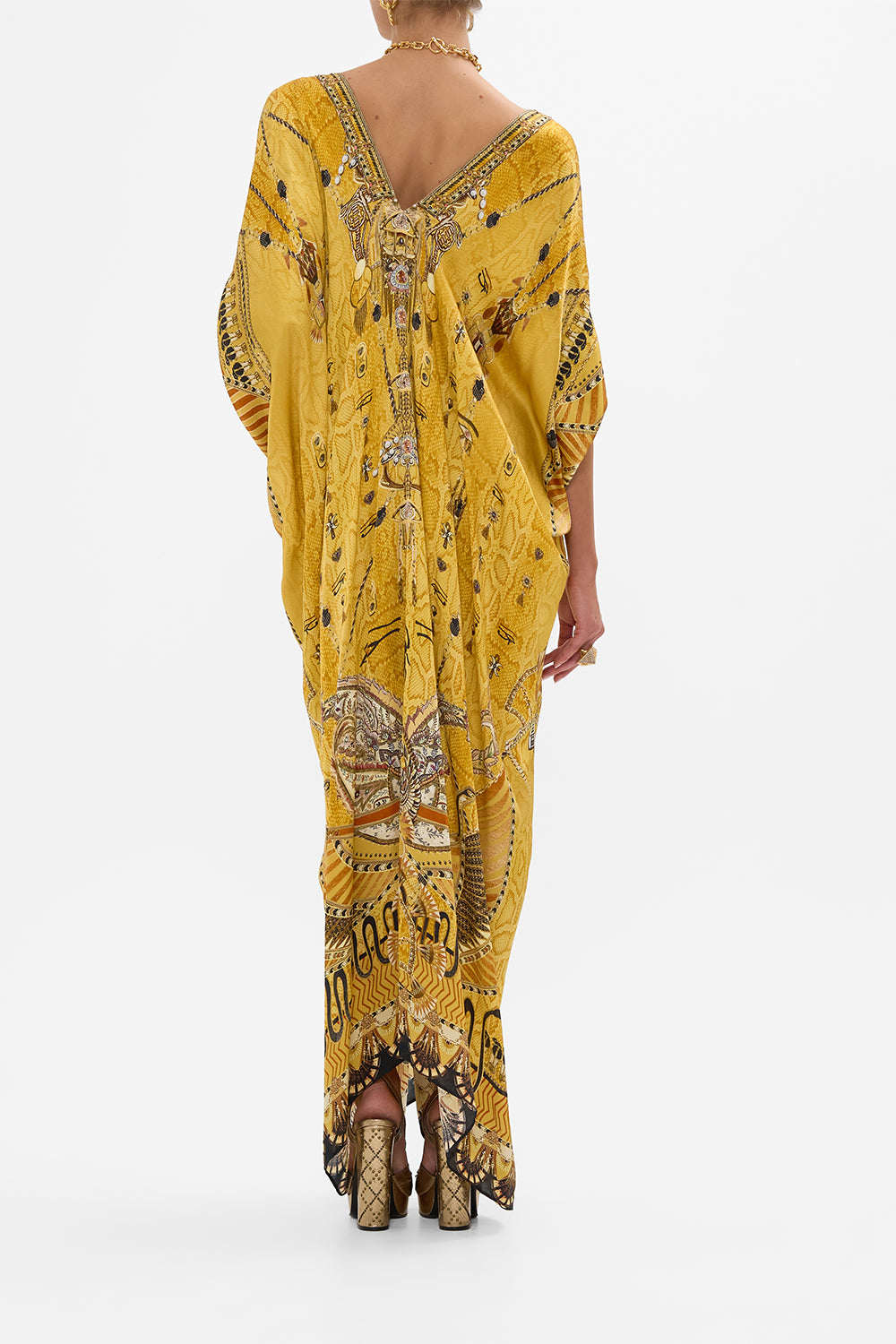 CAMILLA Gold Long Drape Dress with Zip Front in Valley of the Kings Print