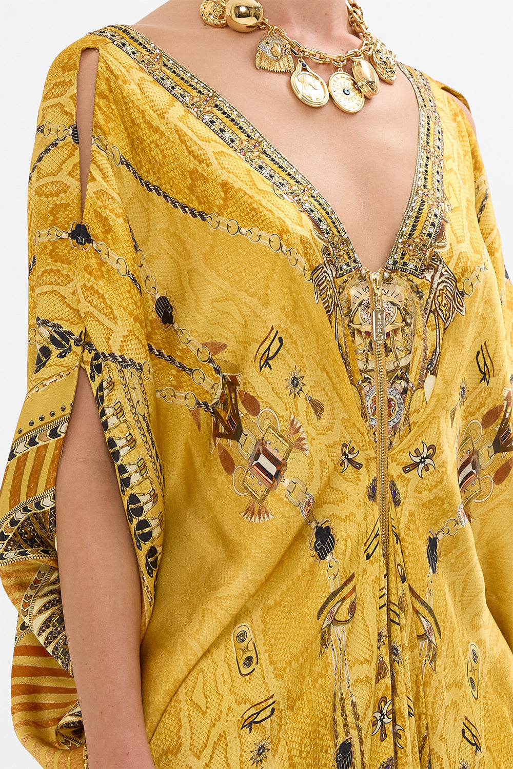 CAMILLA Gold Long Drape Dress with Zip Front in Valley of the Kings Print