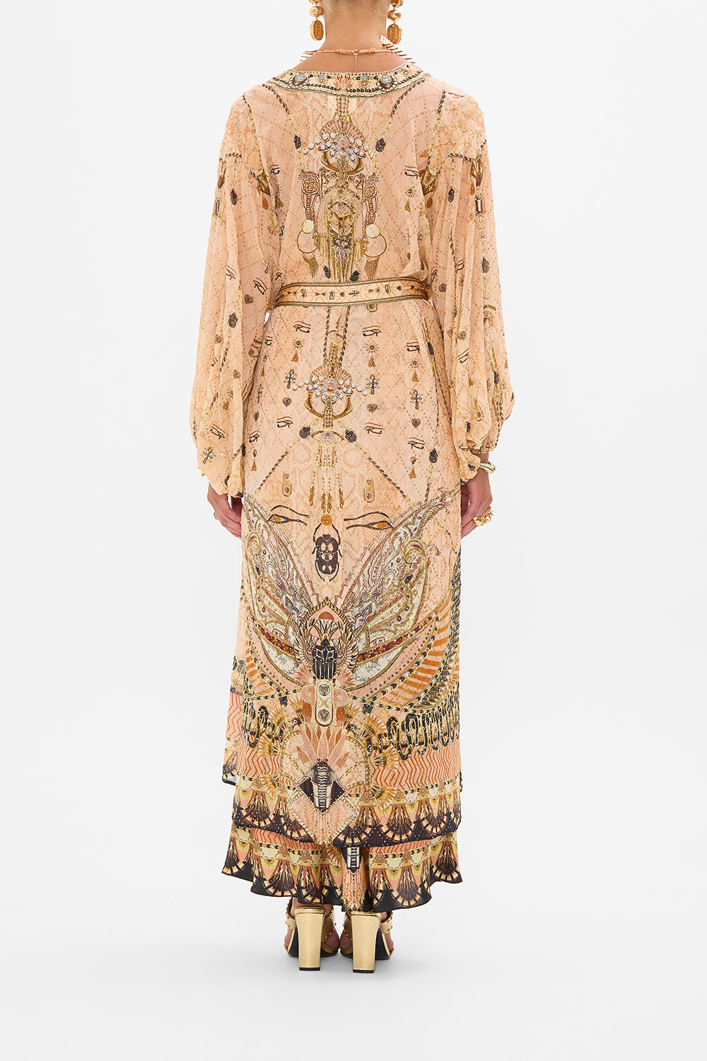 CAMILLA Gold Blouson Sleeve Embellished Layer in Kingdom of Hieroglyphs Print