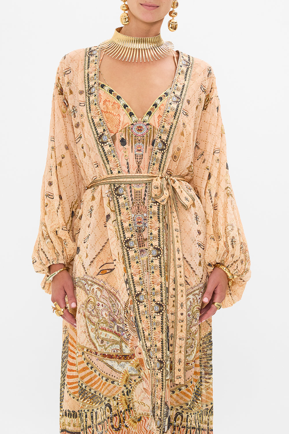 CAMILLA Gold Blouson Sleeve Embellished Layer in Kingdom of Hieroglyphs Print