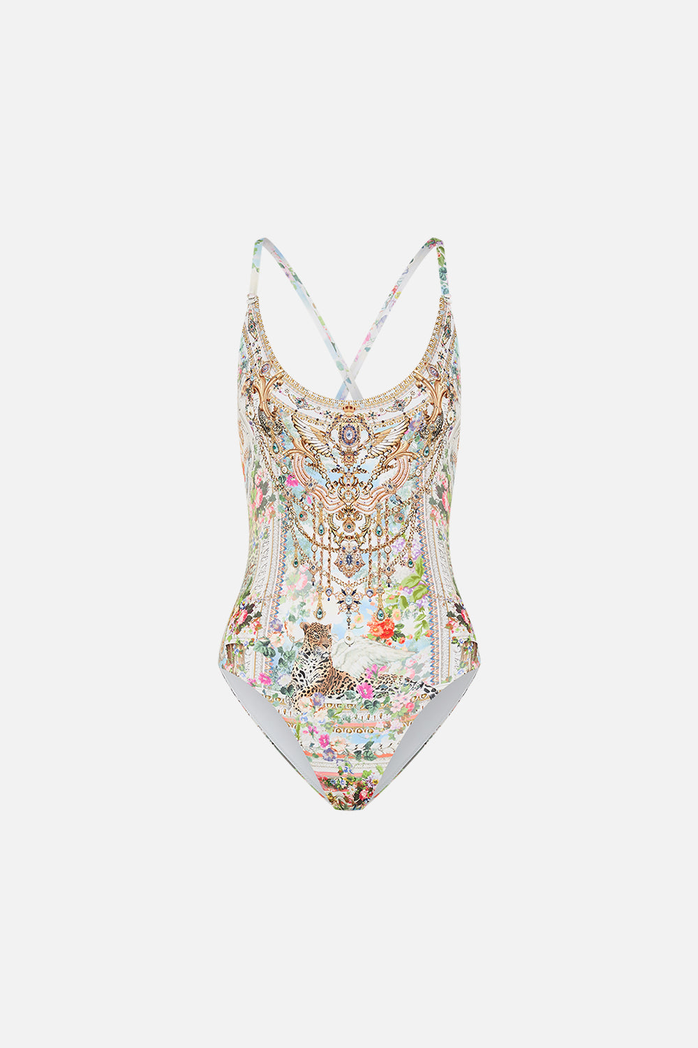 CAMILLA Floral Scoop Neck One Piece With Buttons in We Always Have Alexandria Print.