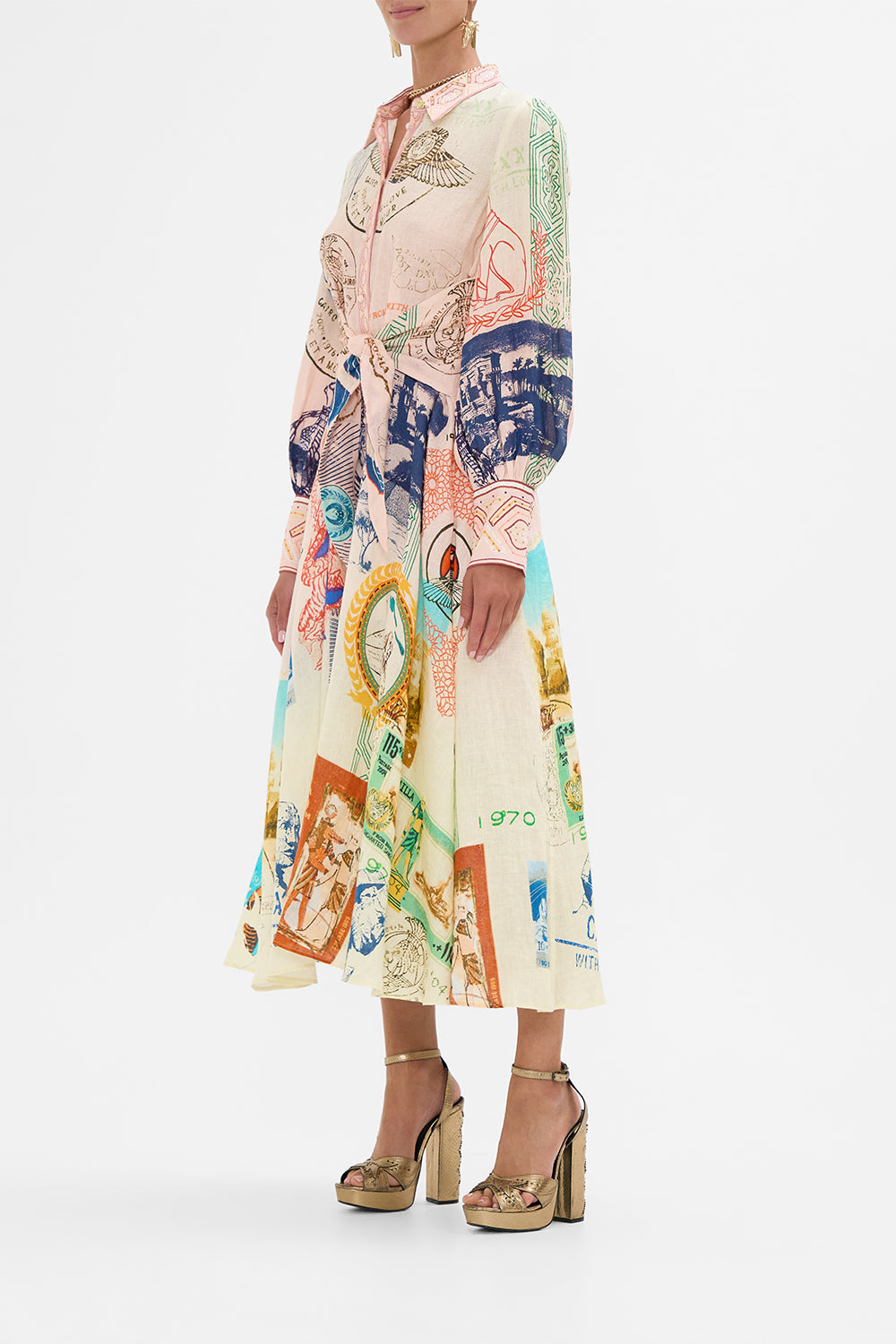 CAMILLA waisted tie shirt dress in Haute Passport print
