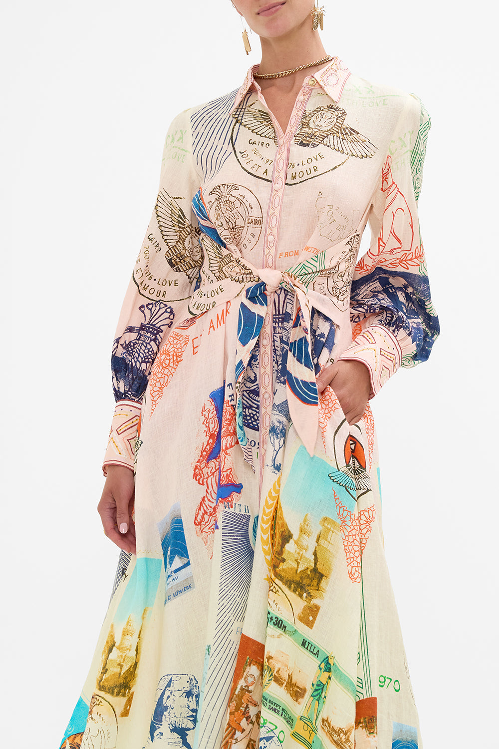 CAMILLA waisted tie shirt dress in Haute Passport print